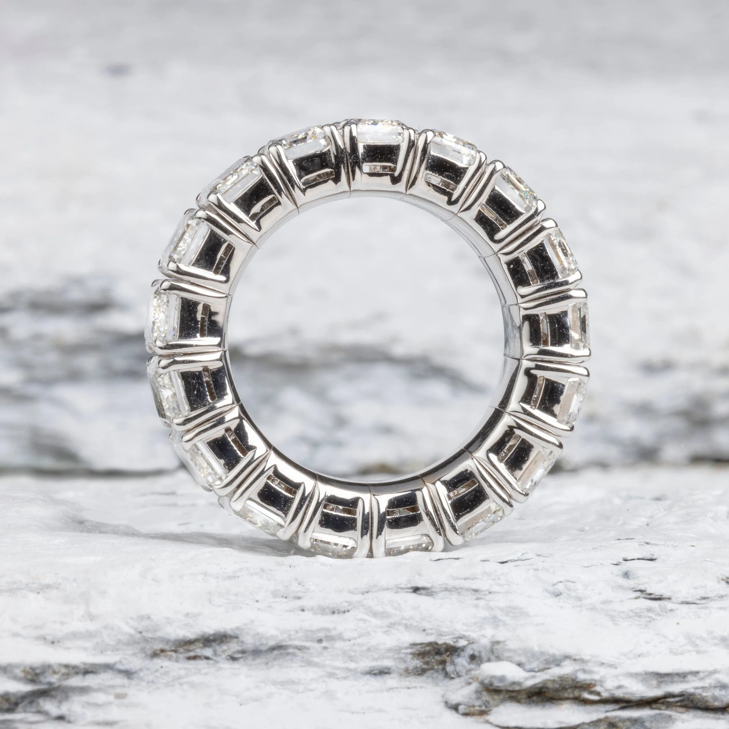 18K Gold Stretch Emerald Cut Diamond Eternity Rings