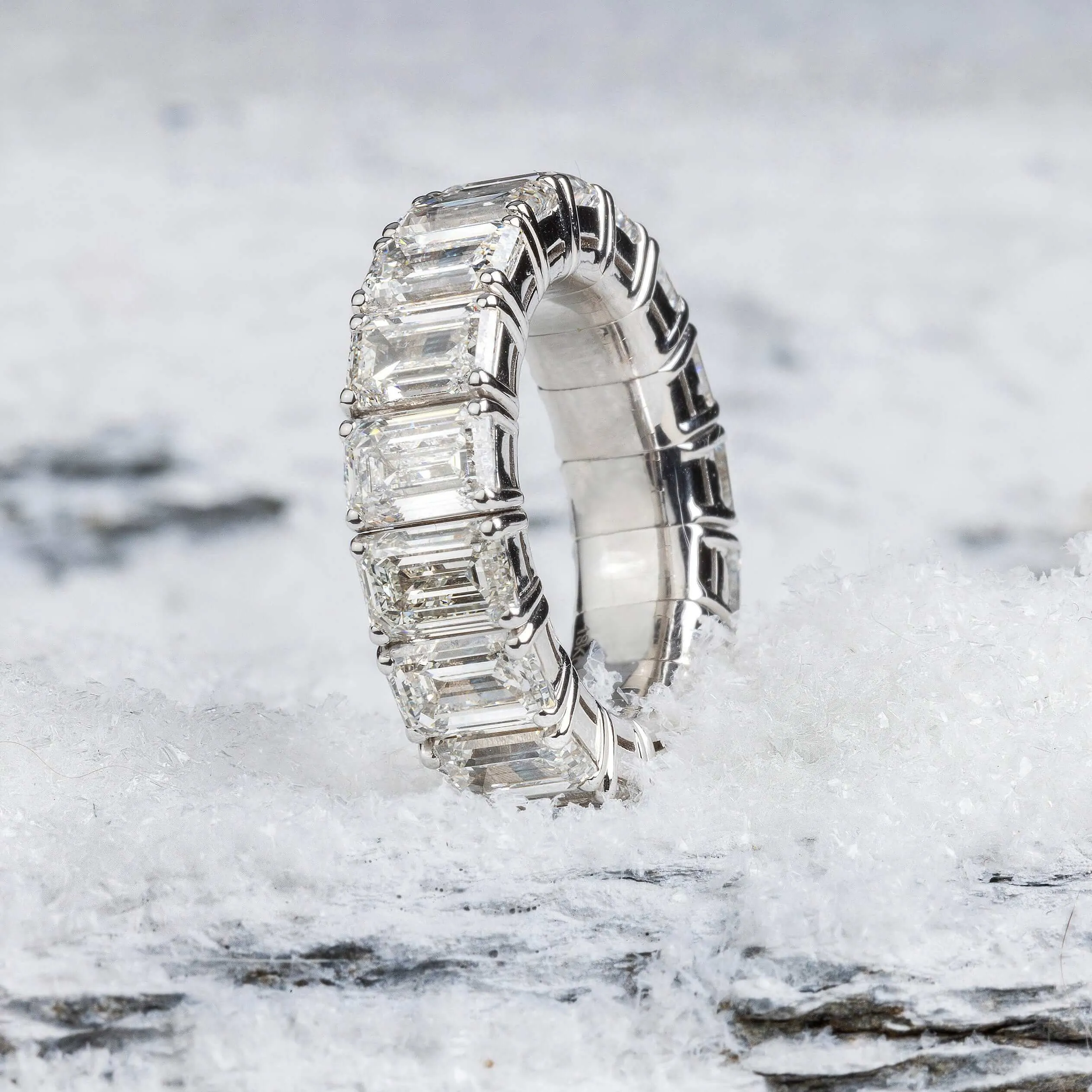 18K Gold Stretch Emerald Cut Diamond Eternity Rings