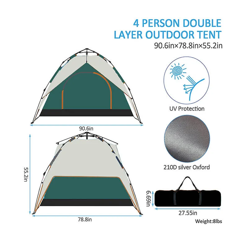 4 Person Green & Beige Double Layer Outdoor Dome Tent - 90.6"L