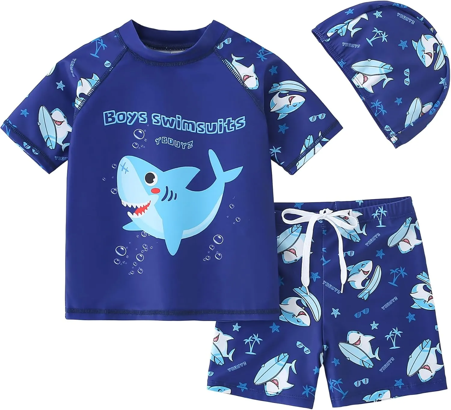 AIWUHE Toddler Boys Swimsuit Set Rash Guard Boys' Swimwear Two Piece Bathing Suit and Swim Trunk with Hat UPF 50  3-8Y