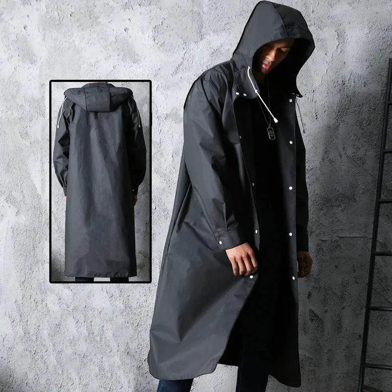 Black Adult Waterproof Long Raincoat Women Men Hooded Rain