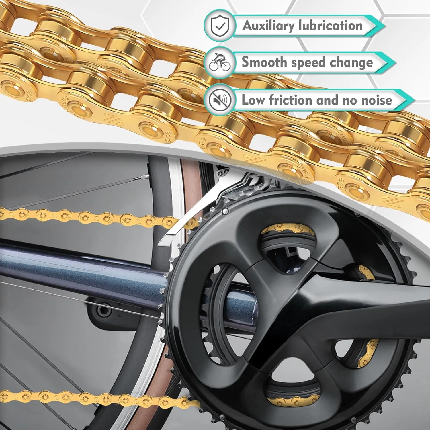 BUCKLOS 6/7/8/9/10/11/12 Speed Bike Chain,Bicycle Chain for Road Bike/E-Bike/Mountain Bike/MTB/Shimano SRAM,Half/Full Hollow Bike Chain Silver/Gold 1/2 x 11/128 Inch 116 Links with Quick Link