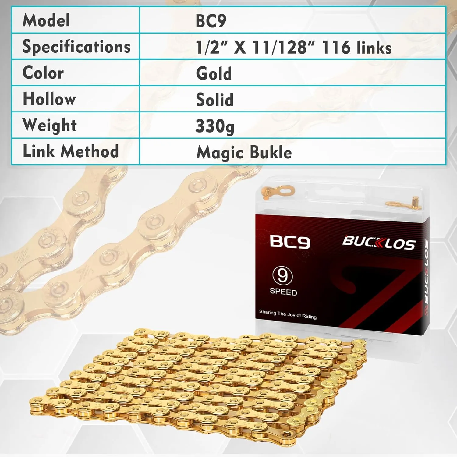 BUCKLOS 6/7/8/9/10/11/12 Speed Bike Chain,Bicycle Chain for Road Bike/E-Bike/Mountain Bike/MTB/Shimano SRAM,Half/Full Hollow Bike Chain Silver/Gold 1/2 x 11/128 Inch 116 Links with Quick Link