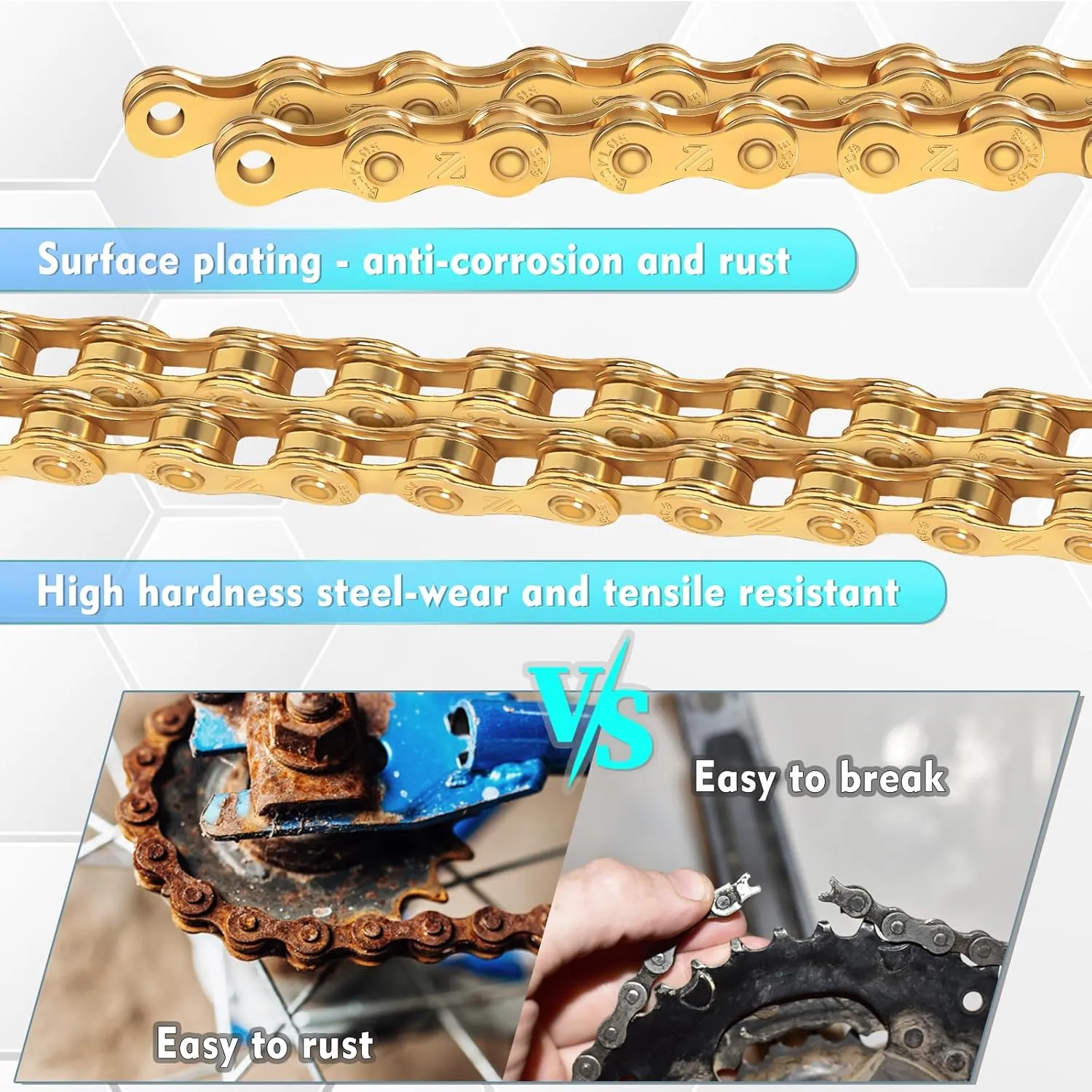 BUCKLOS 6/7/8/9/10/11/12 Speed Bike Chain,Bicycle Chain for Road Bike/E-Bike/Mountain Bike/MTB/Shimano SRAM,Half/Full Hollow Bike Chain Silver/Gold 1/2 x 11/128 Inch 116 Links with Quick Link
