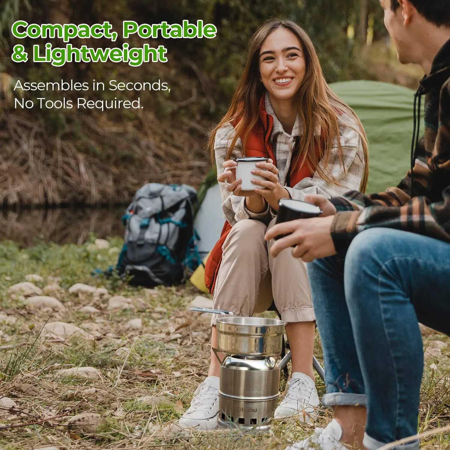 Camping Stove, Ohuhu Camp Stove Wood Burning Stove Stainless Steel Stoves Mini Portable Stove for Camping Picnic BBQ Backpacking Hiking Survival Emergency Cooking Outdoor with Grill Grid Carry Bag