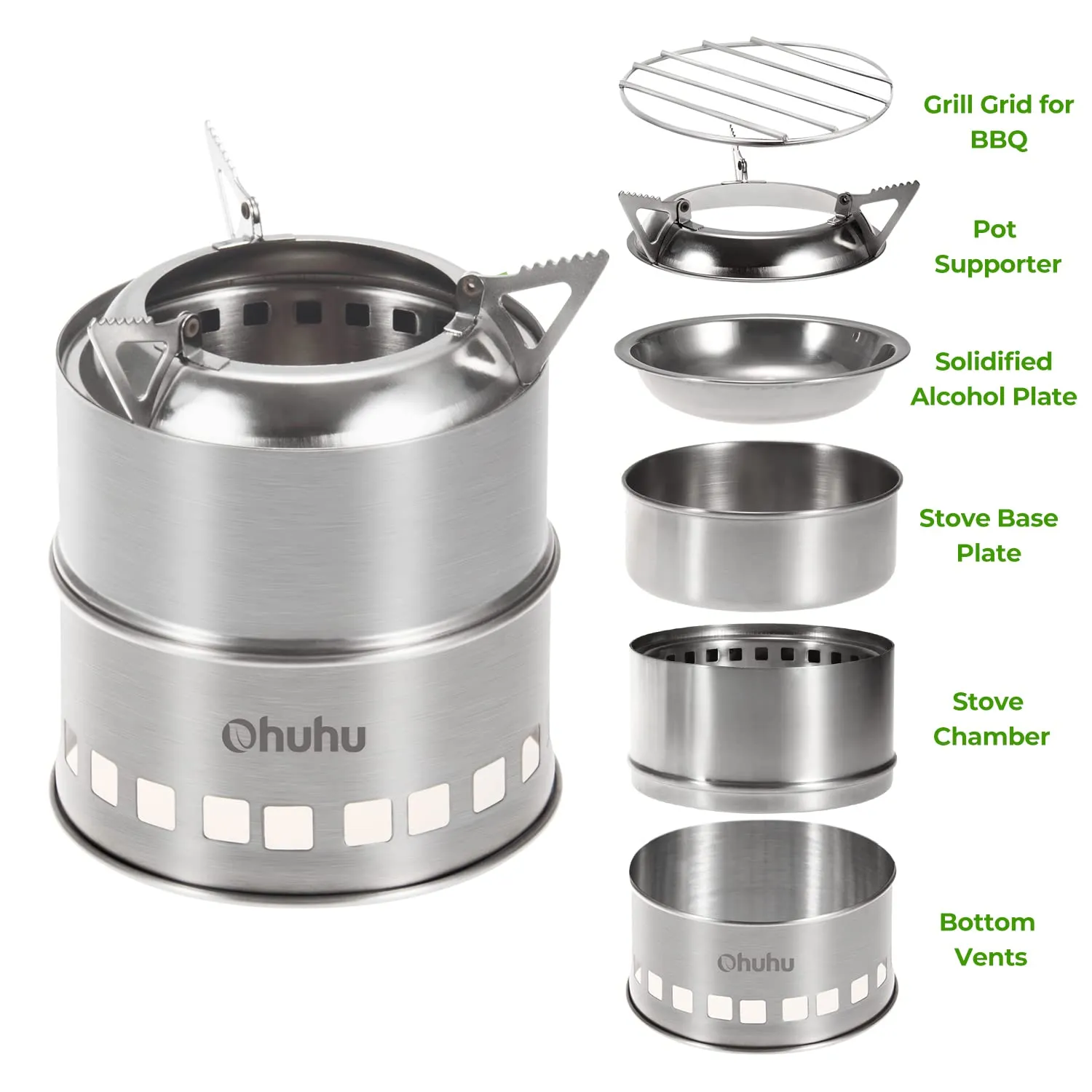 Camping Stove, Ohuhu Camp Stove Wood Burning Stove Stainless Steel Stoves Mini Portable Stove for Camping Picnic BBQ Backpacking Hiking Survival Emergency Cooking Outdoor with Grill Grid Carry Bag