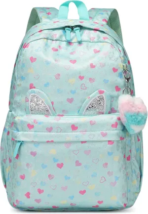 CaranY 30L Kids Backpack for Girls & Boys Waterproof Cat Ear School Bag Classic Large Size Lightweight Gift Pink-Green Peach Heart Ideal for Ages 6-18-Perfect for School & Everyday Use