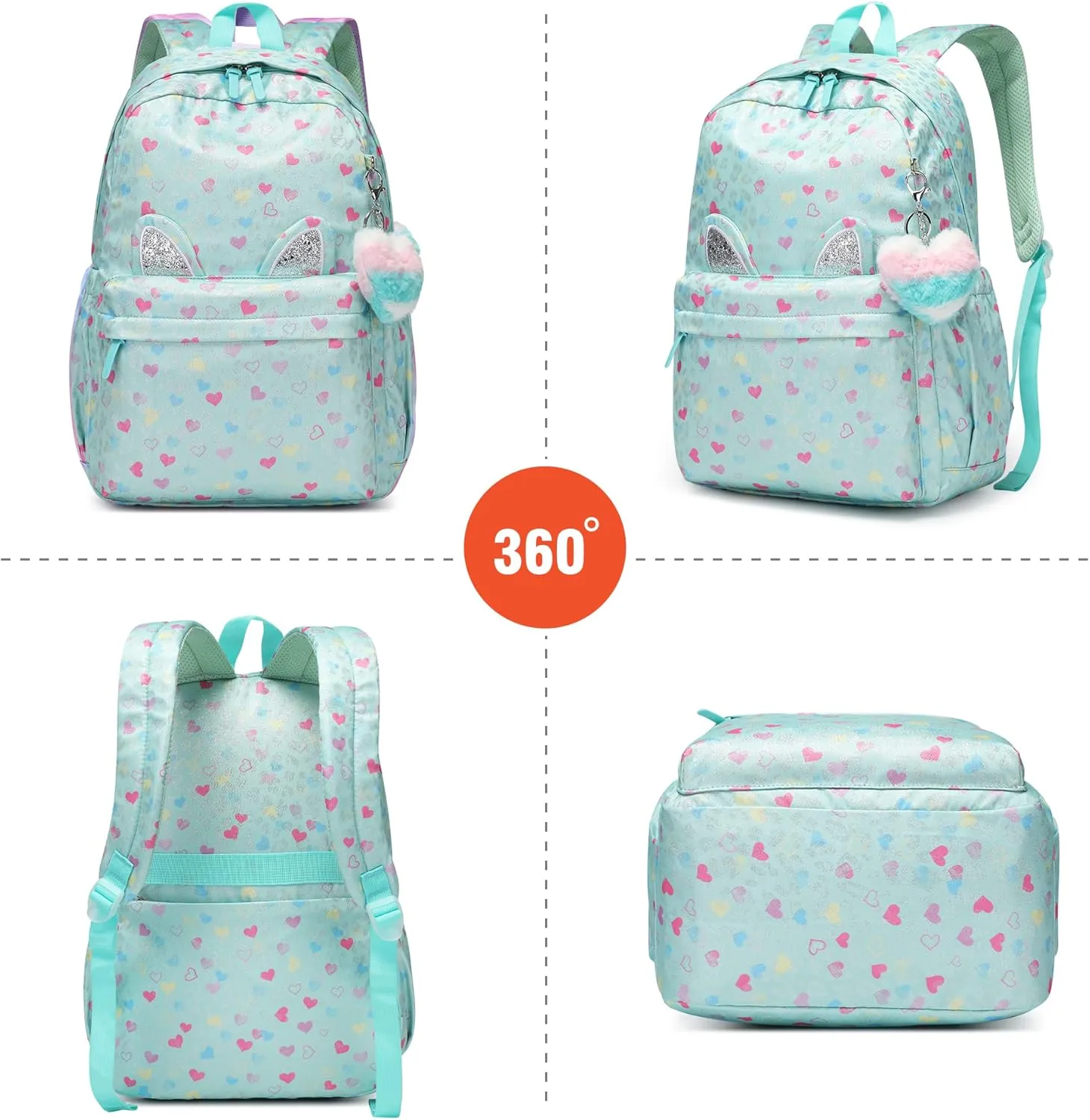 CaranY 30L Kids Backpack for Girls & Boys Waterproof Cat Ear School Bag Classic Large Size Lightweight Gift Pink-Green Peach Heart Ideal for Ages 6-18-Perfect for School & Everyday Use