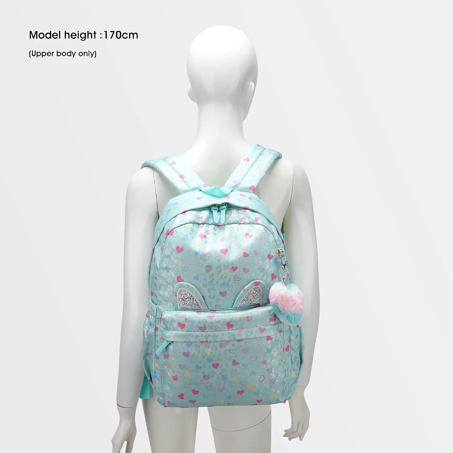 CaranY 30L Kids Backpack for Girls & Boys Waterproof Cat Ear School Bag Classic Large Size Lightweight Gift Pink-Green Peach Heart Ideal for Ages 6-18-Perfect for School & Everyday Use