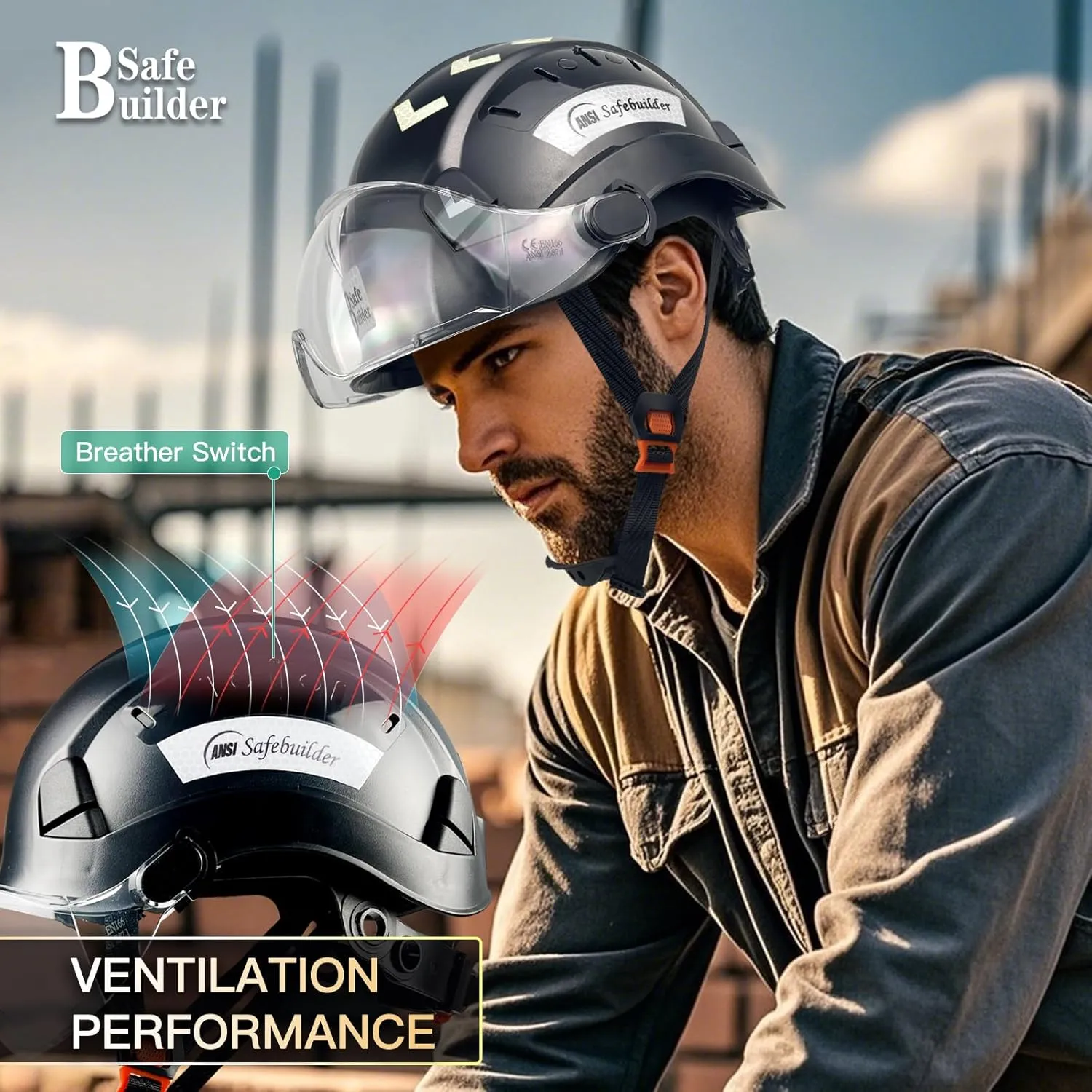 Construction Safety Helmet with Visor ABS Hard Hat Adjustable Ventilation Hardhats Industrial Work Head Protection for Men Certified ANSI/ISEA Z89.1