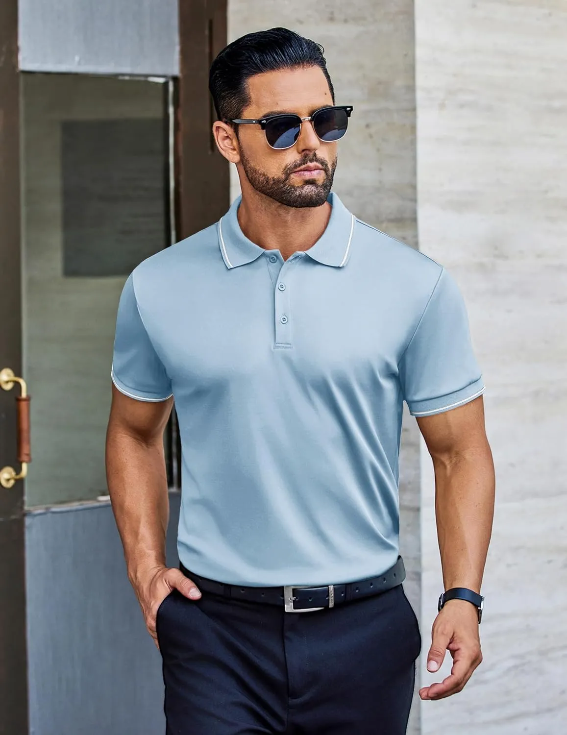 COOFANDY Mens Polo Shirts Short Sleeve Golf Polo Button Pullover Casual Contrast Color Basic T Shirt Ribbed Collar