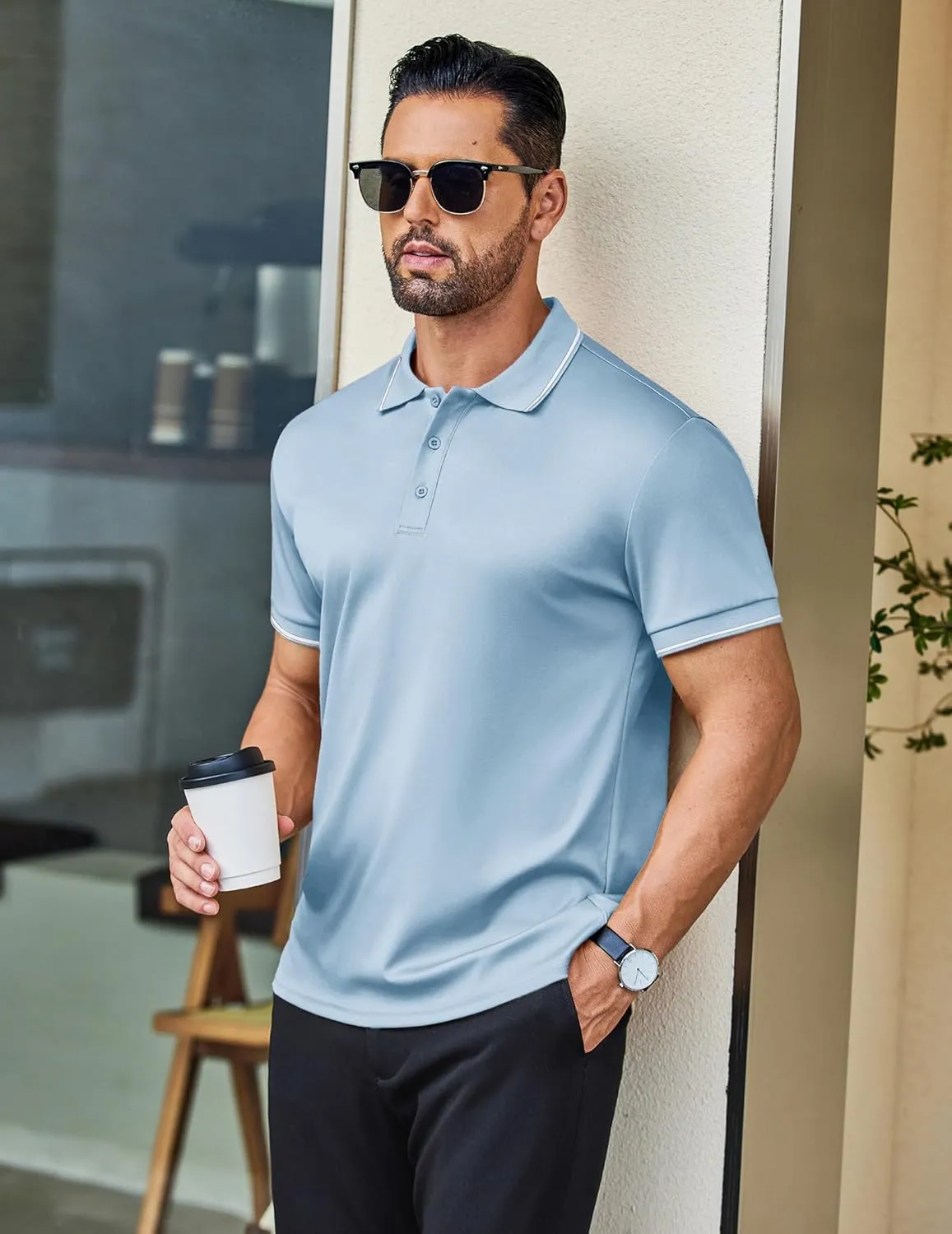 COOFANDY Mens Polo Shirts Short Sleeve Golf Polo Button Pullover Casual Contrast Color Basic T Shirt Ribbed Collar