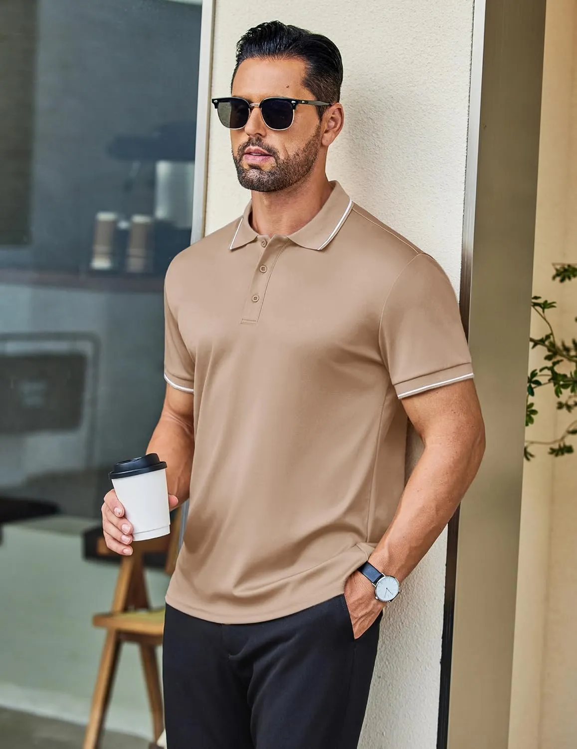 COOFANDY Mens Polo Shirts Short Sleeve Golf Polo Button Pullover Casual Contrast Color Basic T Shirt Ribbed Collar