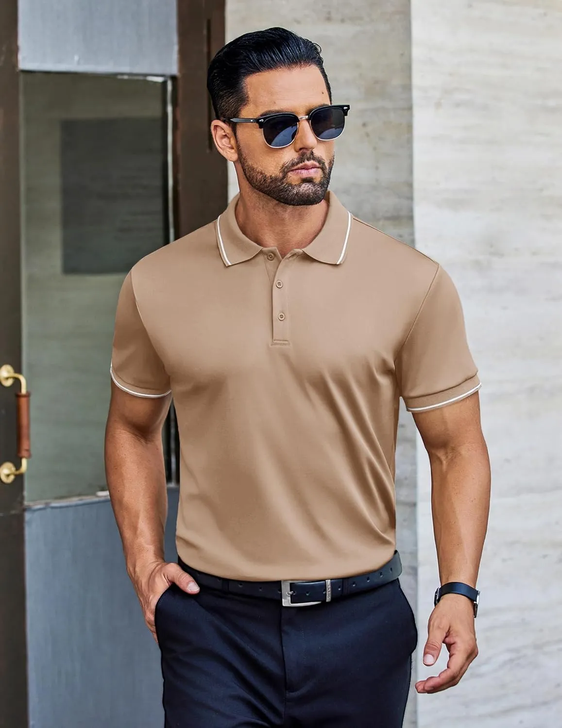COOFANDY Mens Polo Shirts Short Sleeve Golf Polo Button Pullover Casual Contrast Color Basic T Shirt Ribbed Collar