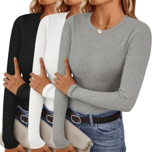 Ekouaer Women's Long Sleeve Shirts 3 Packs Crew Neck Stretchy Fitted Tops Ribbed Base Layer Soft Thermal Undershirts Tee