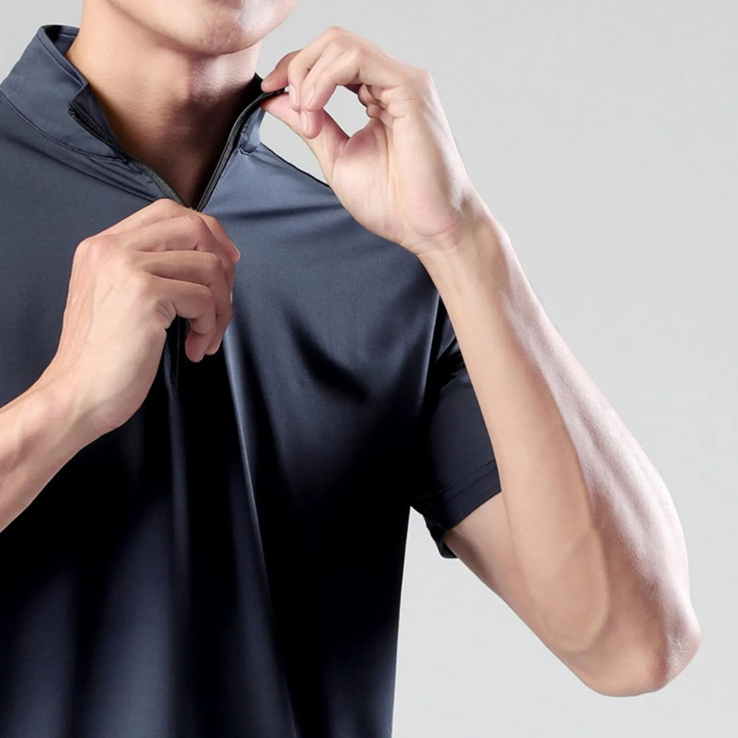 Generic Men's Sports Shirt 1/4 Zip Pullover Casual Short Sleeves Slim Fit Running Training Mock Neck Solid Golf Blouse