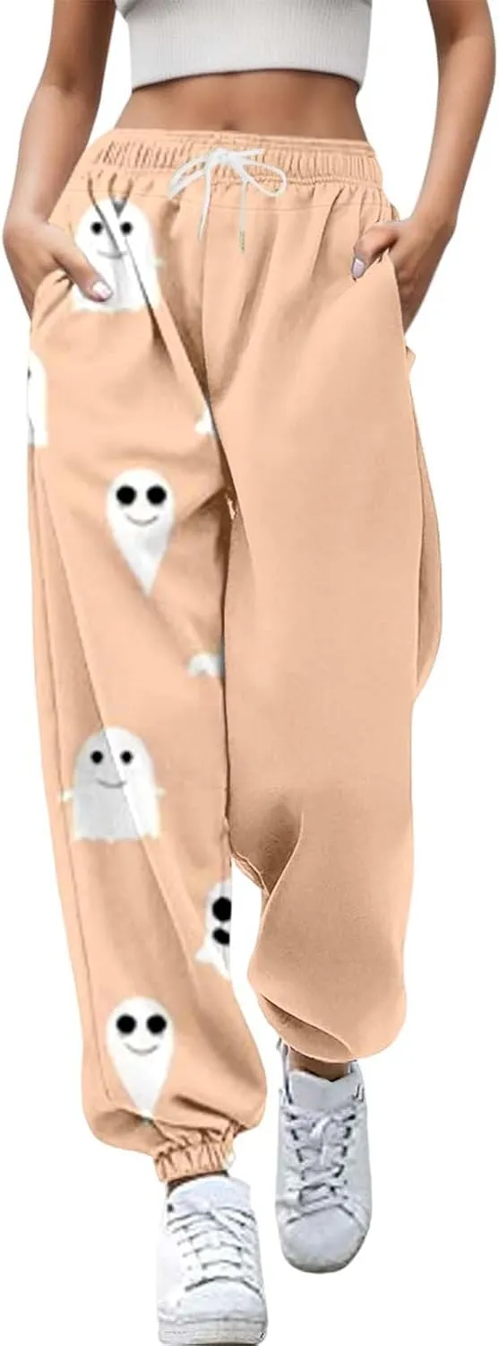 Halloween Lounge Pants for Women Loose Fit Straight Leg Drawstring Cuffed Joggers 3D Printed Workout Sweatpants