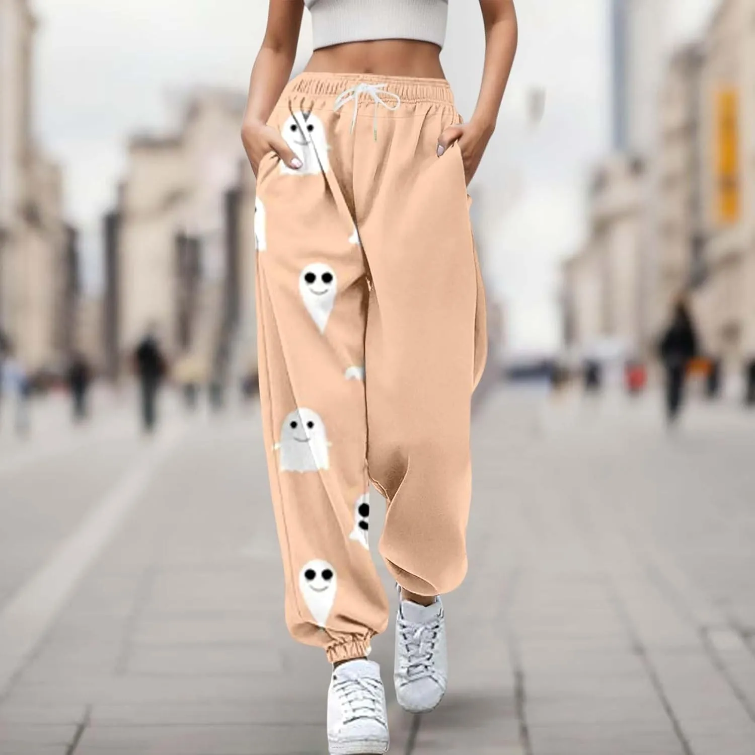 Halloween Lounge Pants for Women Loose Fit Straight Leg Drawstring Cuffed Joggers 3D Printed Workout Sweatpants