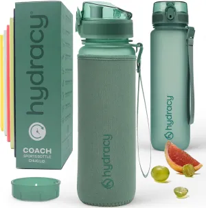 Hydracy Water Bottle with Time Marker -Large BPA Free Water Bottle & No Sweat Sleeve -Leak Proof Gym Bottle with Fruit Infuser Strainer & Times to Drink -Ideal for Fitness Sports & Outdoors