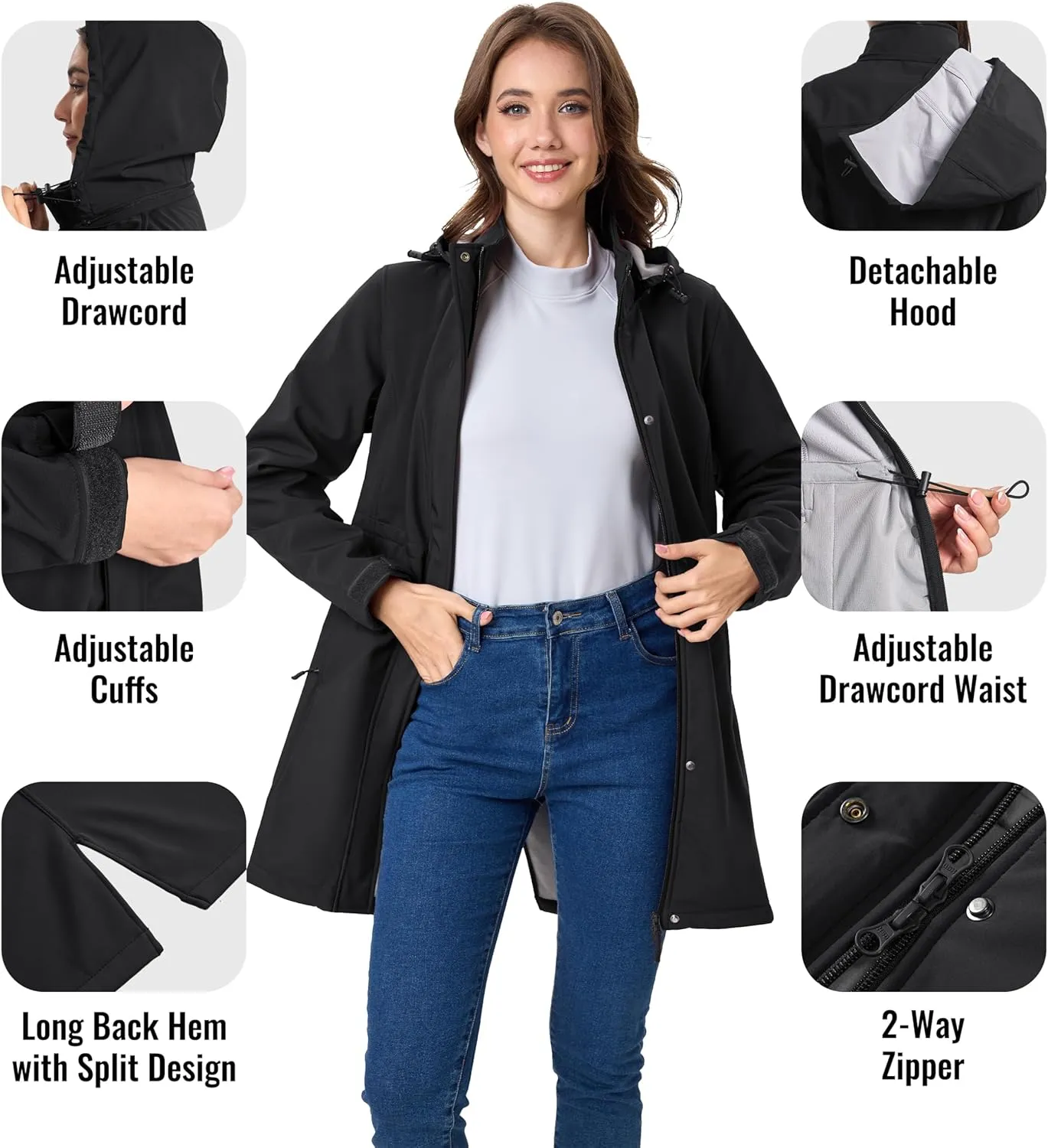 MAGCOMSEN Women's Long Fleece Lined Jackets Warm Winter Windbreaker Rain Coat Hooded Softshell Windproof Insulated