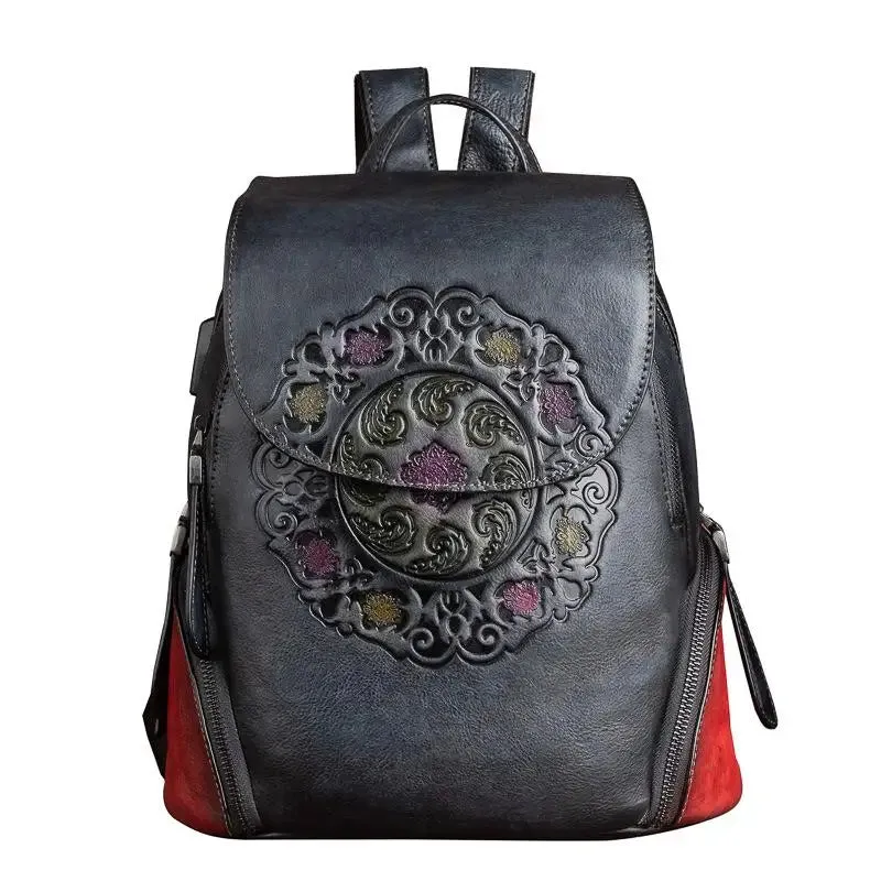 MOTAORA Vintage Leather Embossed Large Capacity Backpack