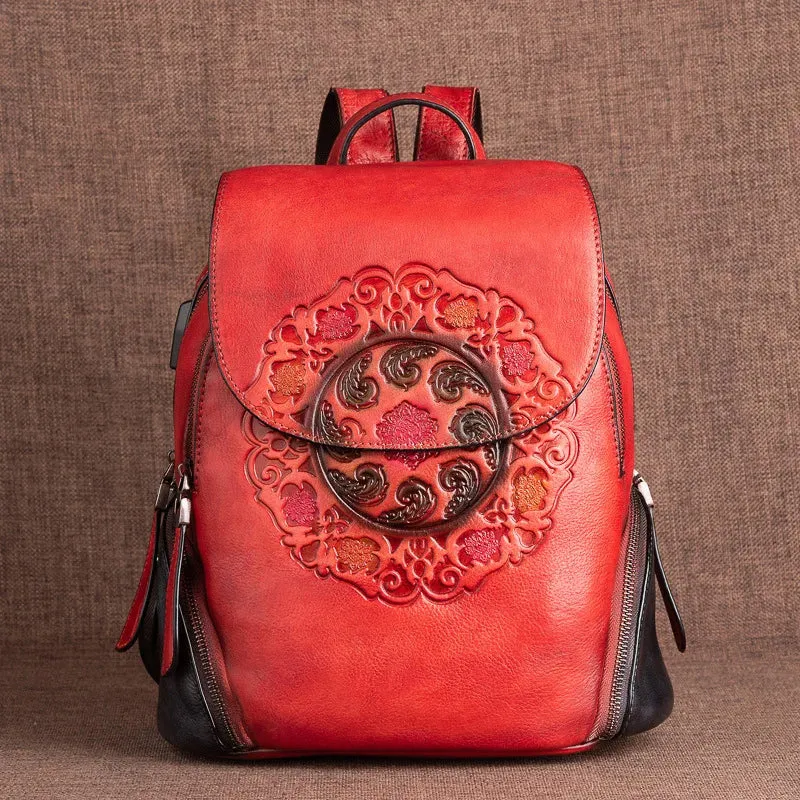 MOTAORA Vintage Leather Embossed Large Capacity Backpack