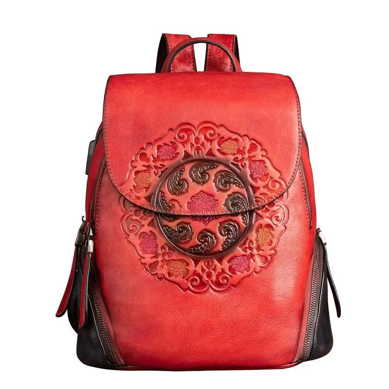 MOTAORA Vintage Leather Embossed Large Capacity Backpack
