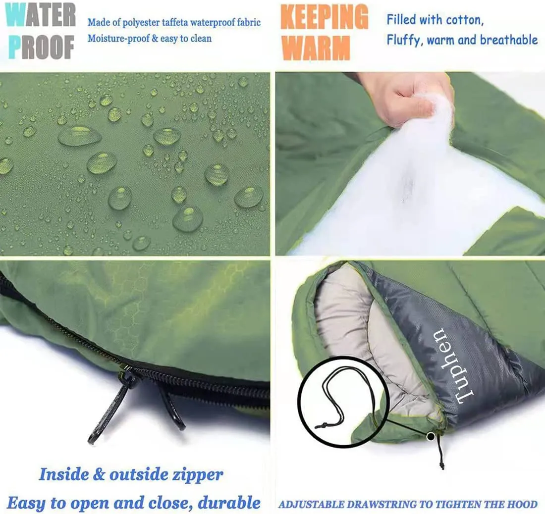 New tuphen- Sleeping Bag for Adults Kids Boys Girls Backpacking Hiking Camping Cotton Liner, Cold Warm Weather 4 Seasons Winter, Fall, Spring, Summer, Indoor Outdoor Use, Lightweight & Waterproof