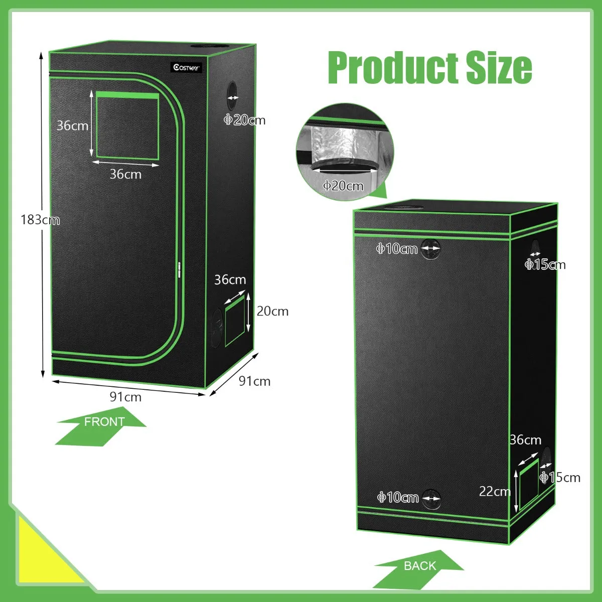 NNECW 91cm x 91cm x 183cm Indoor Plant Growth Tent wIth Floor Tray Storage Bag