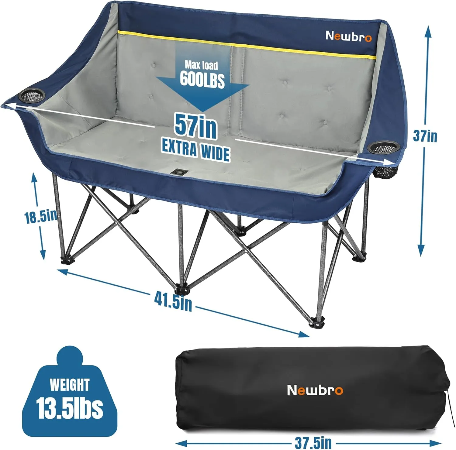Oversized Double Camping Chair for Adults, Fully Padded Folding Camping Chairs Loveseat, Big Heavy Duty Outdoor Patio Lawn Chair with Arm Cup Holder, Navy and Gray