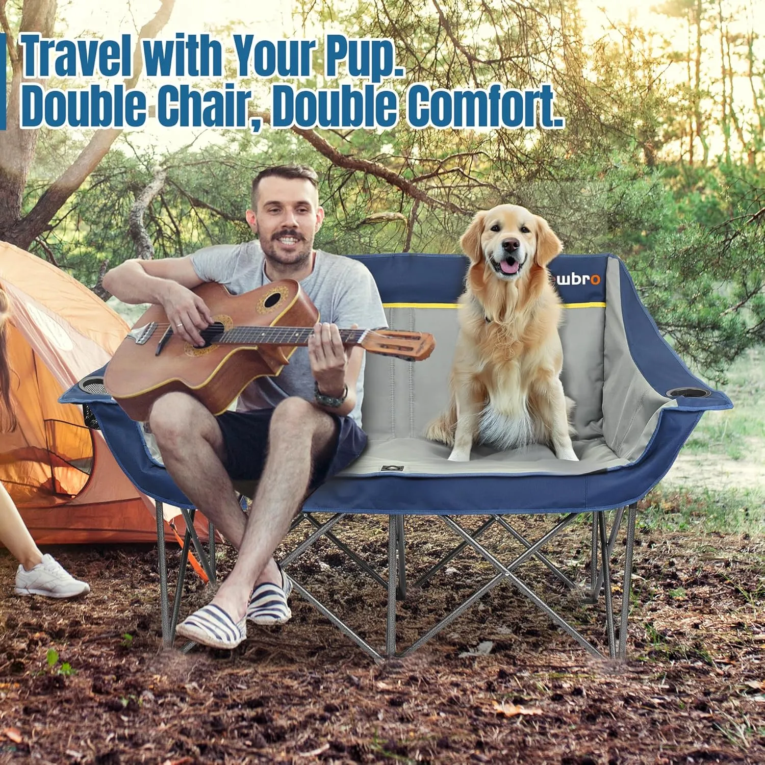 Oversized Double Camping Chair for Adults, Fully Padded Folding Camping Chairs Loveseat, Big Heavy Duty Outdoor Patio Lawn Chair with Arm Cup Holder, Navy and Gray