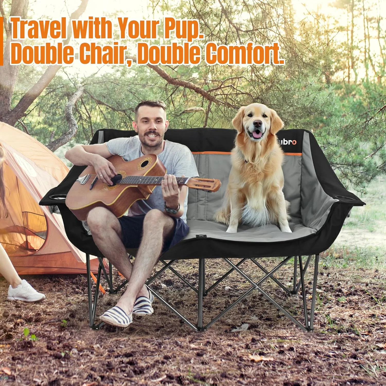 Oversized Double Camping Chair for Adults, Fully Padded Folding Camping Chairs Loveseat, Big Heavy Duty Outdoor Patio Lawn Chair with Arm Cup Holder