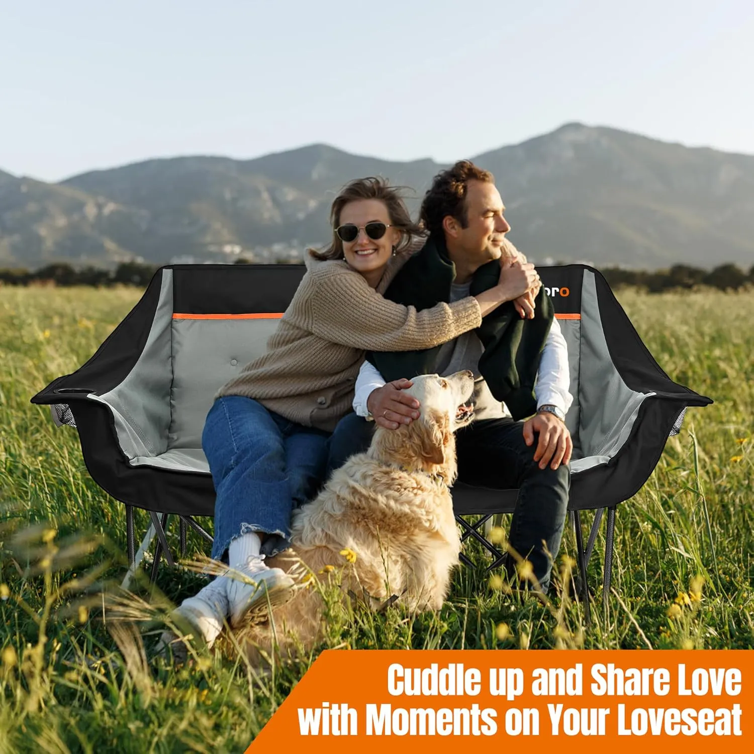 Oversized Double Camping Chair for Adults, Fully Padded Folding Camping Chairs Loveseat, Big Heavy Duty Outdoor Patio Lawn Chair with Arm Cup Holder
