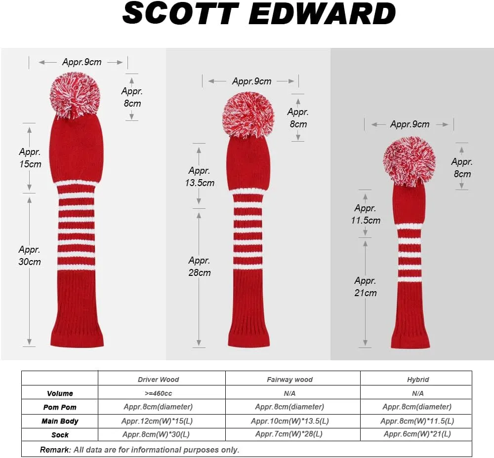 Scott Edward Golf Headcovers for Woods Set of 3 Fits Well Driver(460cc) Fairway Wood and Hybrid(UT) The Perfect Change for Golf Bag Classic Striped Style