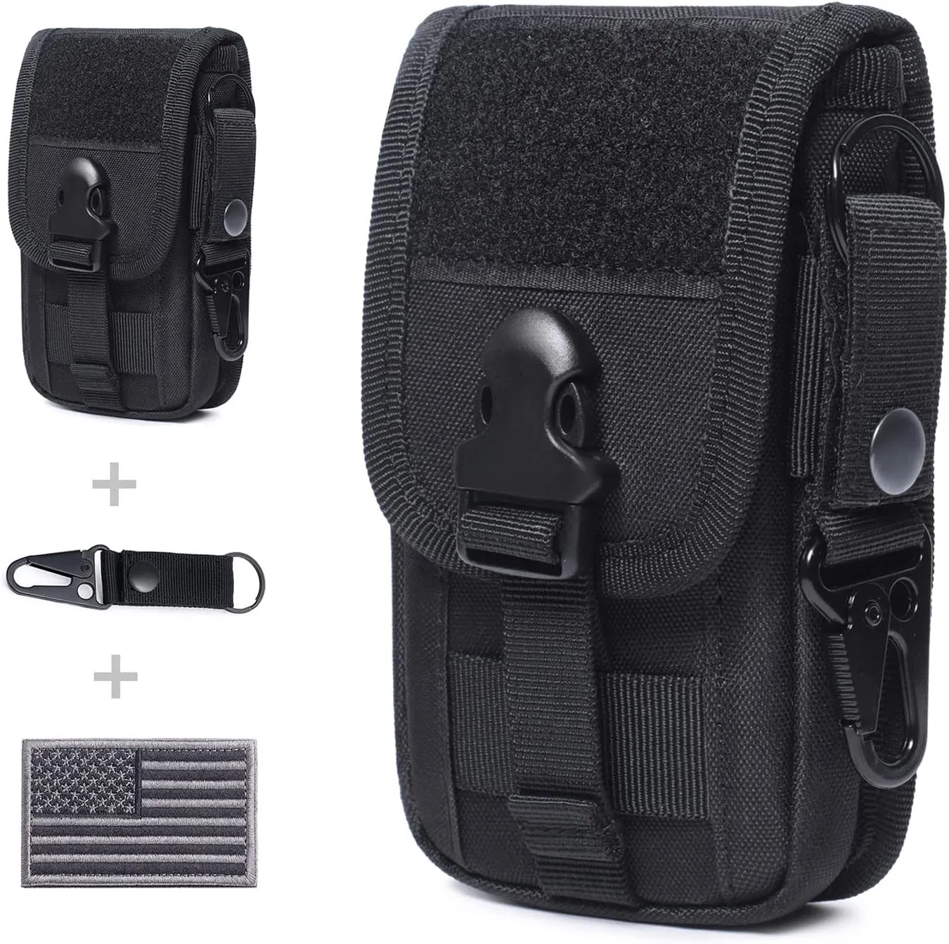 Tactical Molle Phone Pouch EDC Cellphone Holder Smartphone Case Organizer Bag with US Flag Patch & Molle Key Ring