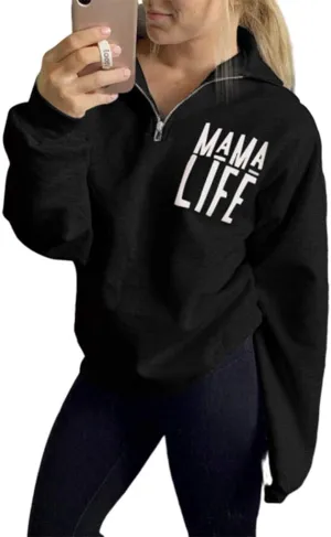 TAIUICY Women Mama Life Zip Up Pullover Sweatshirt Jacket High Collar Quarter 1/4 Zip Coat