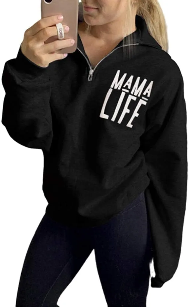 TAIUICY Women Mama Life Zip Up Pullover Sweatshirt Jacket High Collar Quarter 1/4 Zip Coat