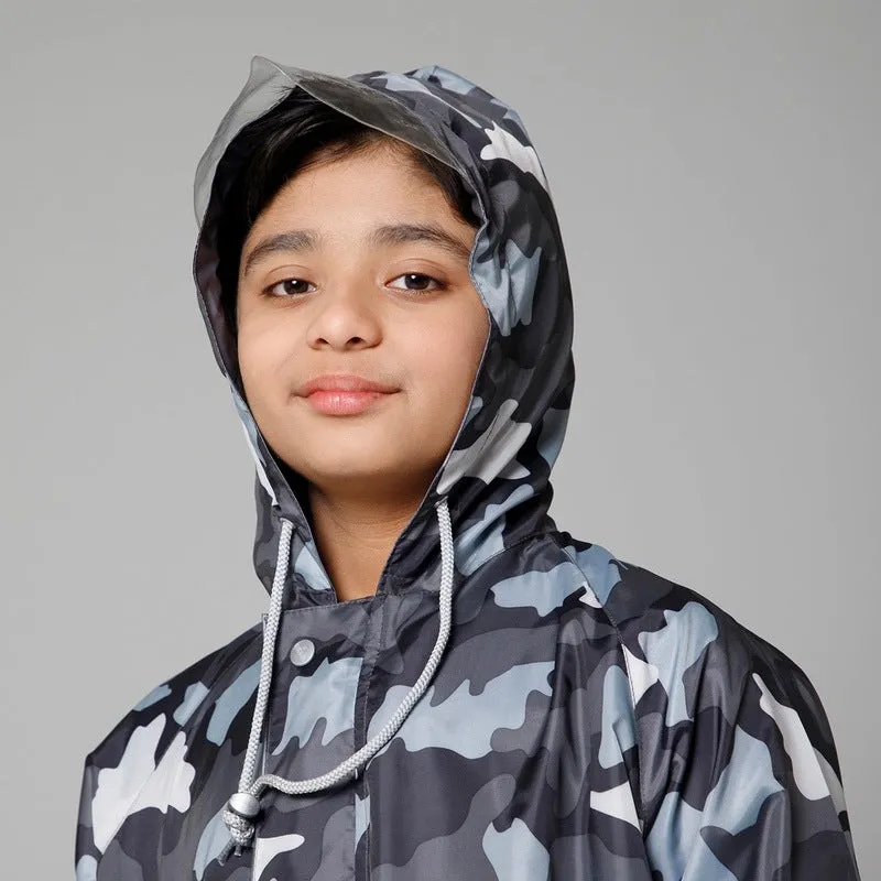 THE CLOWNFISH Comrad Series Kids Waterproof Nylon Double Coating Reversible Raincoat with Hood and Reflector Logo at Back. Set of Top and Bottom. Printed Plastic Pouch. Kid Age-8-10 years(Grey Camo)