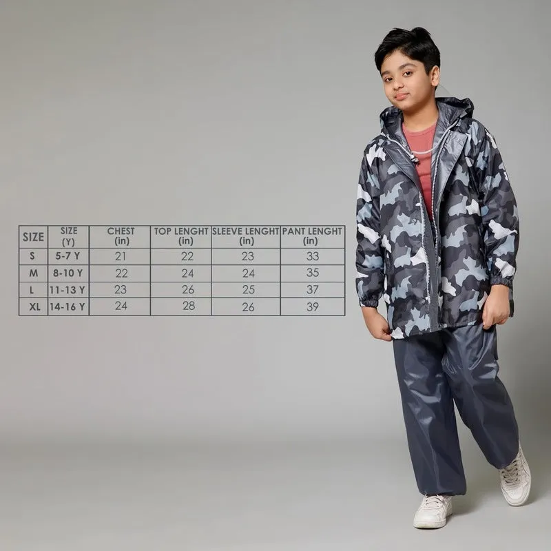 THE CLOWNFISH Comrad Series Kids Waterproof Nylon Double Coating Reversible Raincoat with Hood and Reflector Logo at Back. Set of Top and Bottom. Printed Plastic Pouch. Kid Age-8-10 years(Grey Camo)