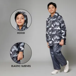 THE CLOWNFISH Comrad Series Kids Waterproof Nylon Double Coating Reversible Raincoat with Hood and Reflector Logo at Back. Set of Top and Bottom. Printed Plastic Pouch. Kid Age-8-10 years(Grey Camo)