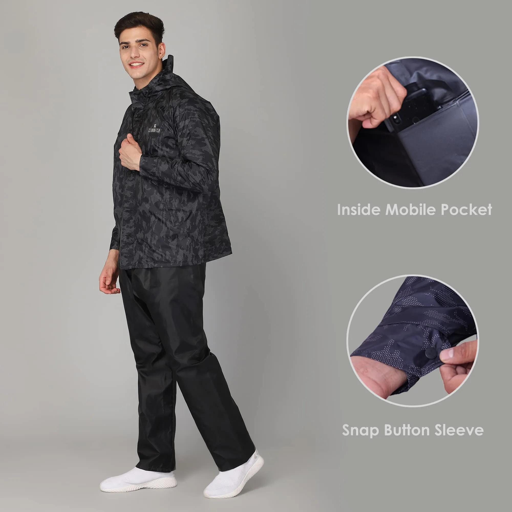 THE CLOWNFISH Francis Series Mens Waterproof Polyester Double Coating Reversible Raincoat with Hood and Reflector Logo at Back. Set of Top and Bottom. Printed Plastic Pouch with Rope (Black, Large)