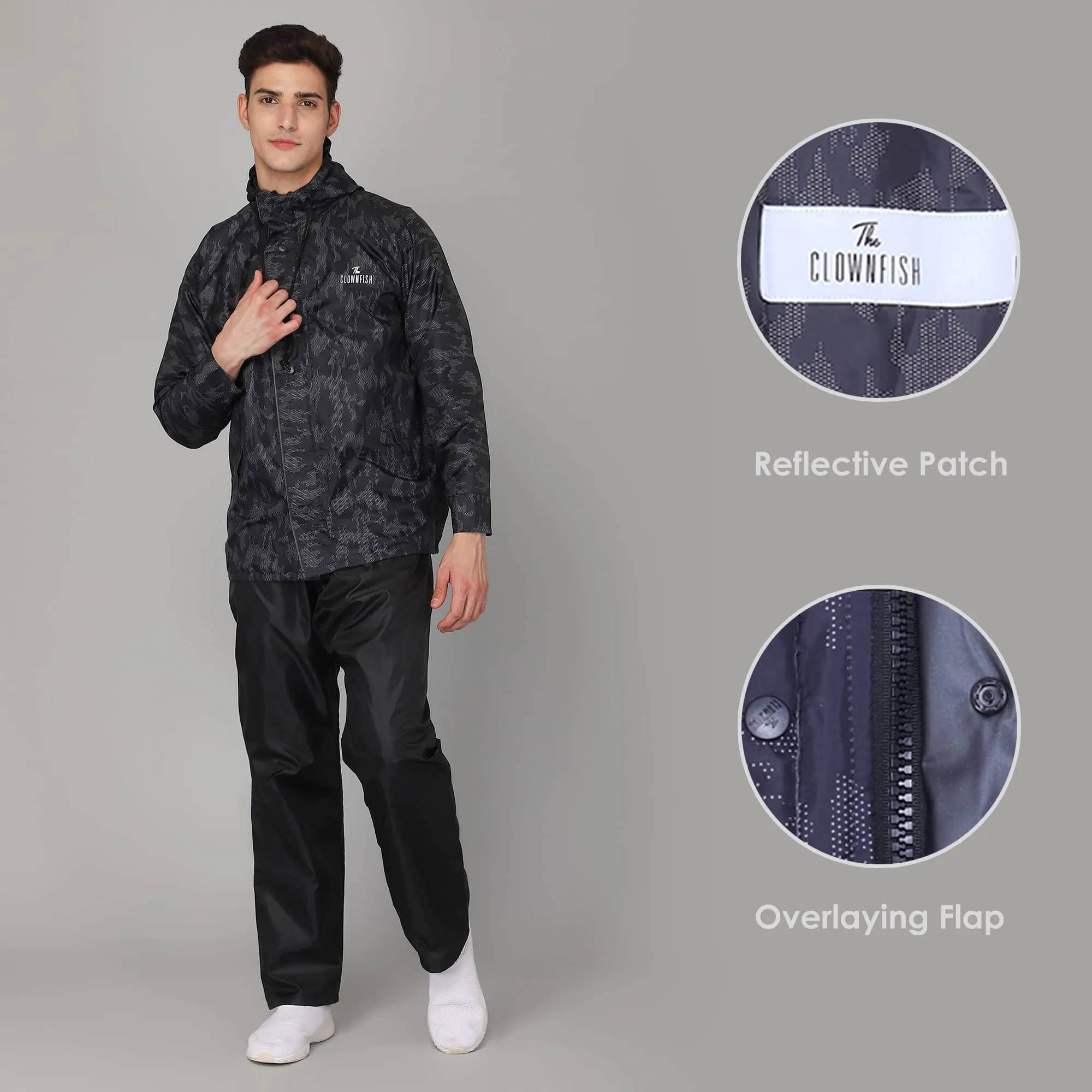 THE CLOWNFISH Francis Series Mens Waterproof Polyester Double Coating Reversible Raincoat with Hood and Reflector Logo at Back. Set of Top and Bottom. Printed Plastic Pouch with Rope (Black, Large)
