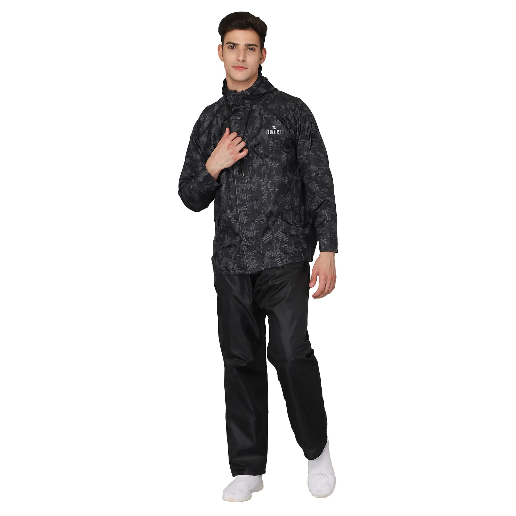 THE CLOWNFISH Francis Series Mens Waterproof Polyester Double Coating Reversible Raincoat with Hood and Reflector Logo at Back. Set of Top and Bottom. Printed Plastic Pouch with Rope (Black, Large)