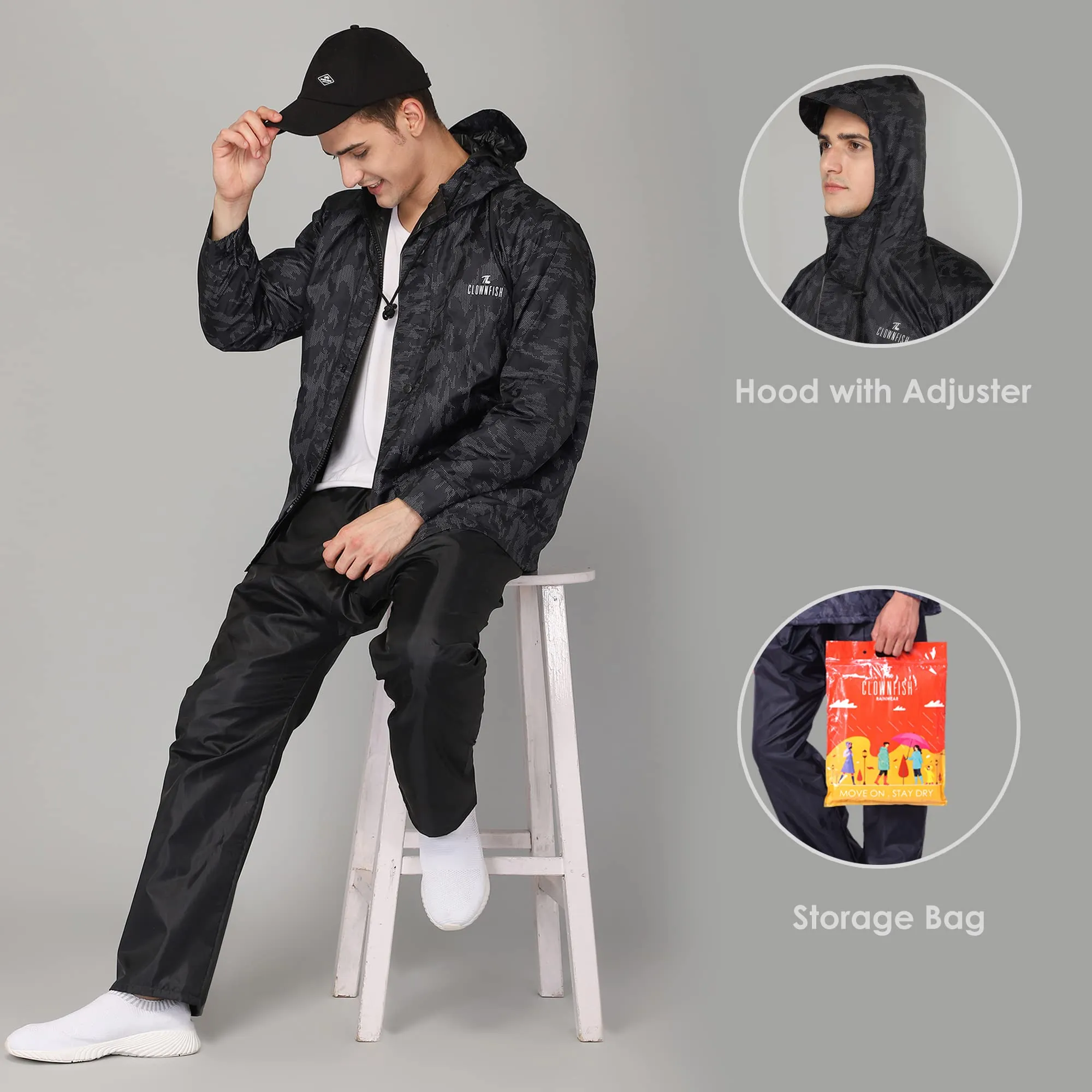 THE CLOWNFISH Francis Series Mens Waterproof Polyester Double Coating Reversible Raincoat with Hood and Reflector Logo at Back. Set of Top and Bottom. Printed Plastic Pouch with Rope (Black, Large)