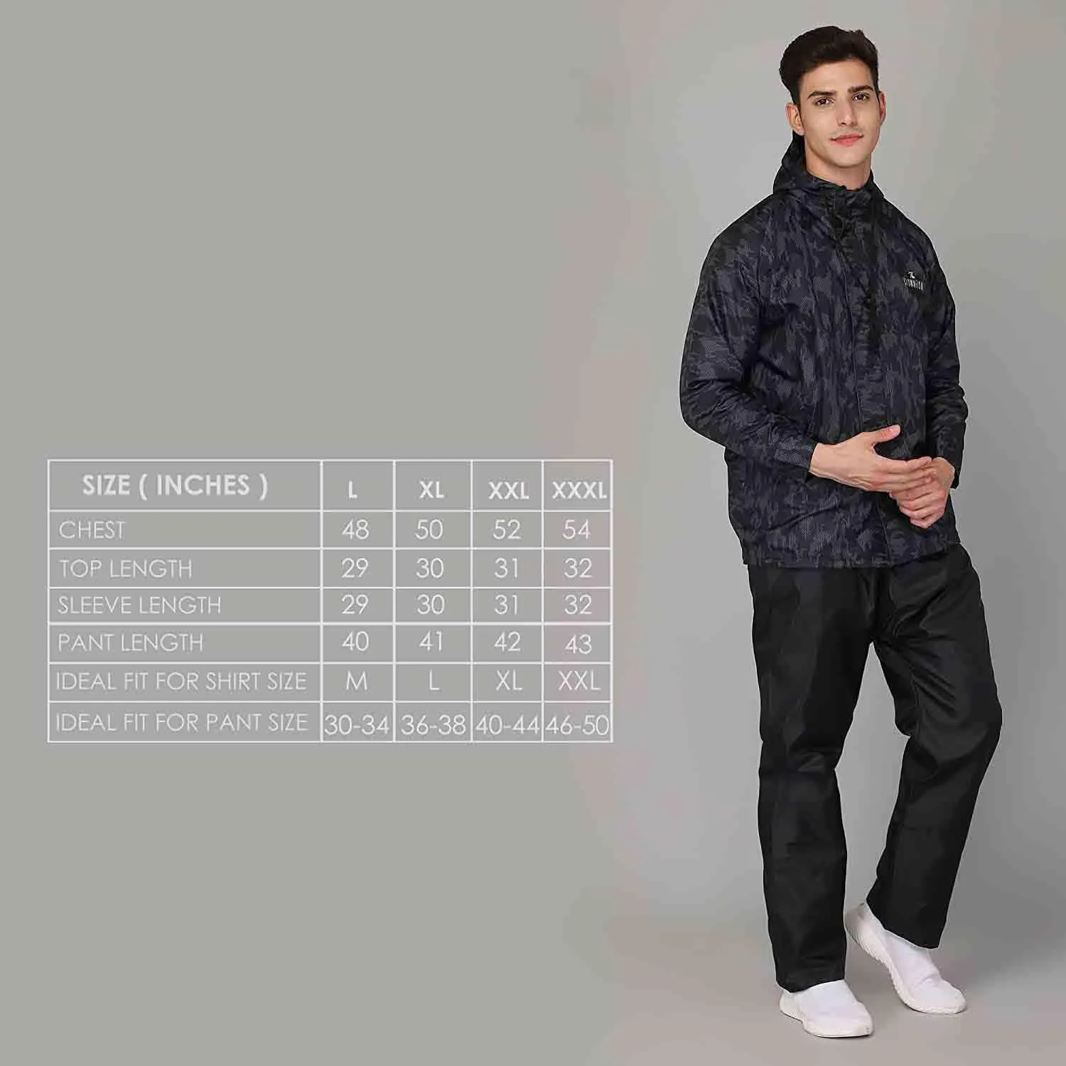 THE CLOWNFISH Francis Series Mens Waterproof Polyester Double Coating Reversible Raincoat with Hood and Reflector Logo at Back. Set of Top and Bottom. Printed Plastic Pouch with Rope (Black, Large)