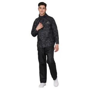 THE CLOWNFISH Francis Series Mens Waterproof Polyester Double Coating Reversible Raincoat with Hood and Reflector Logo at Back. Set of Top and Bottom. Printed Plastic Pouch with Rope (Black, Large)