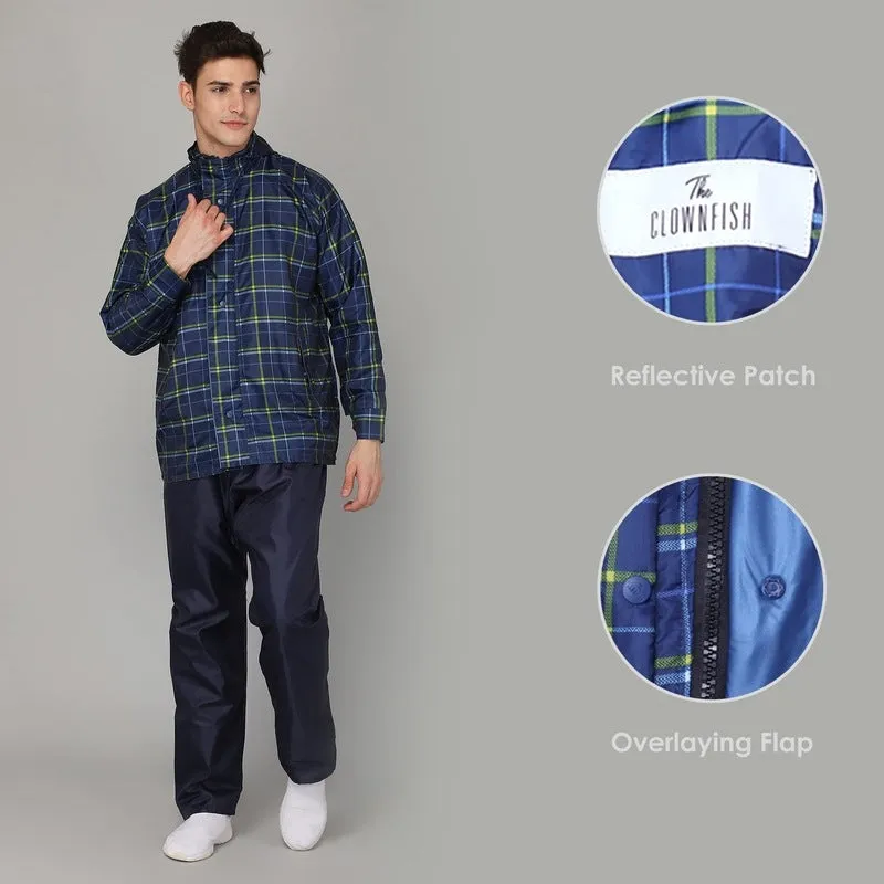 THE CLOWNFISH Majestic Pro Series Men's Waterproof Polyester Double Coating Reversible Raincoat with Hood and Reflector Logo at Back for Night Travelling. Set of Top and Bottom (Blue, XXL)
