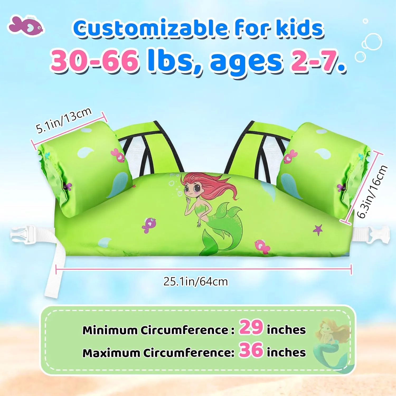 Toddler Swim Vest for Kids 30-66 Lbs Boys Girls Age 2-7 Puddle Swim Jumper Toddlers Pool Floaties Jacket with Arm Bands Sleeves Shoulder Summer Cute Cartoon Swimming Vest Pool Water Sport