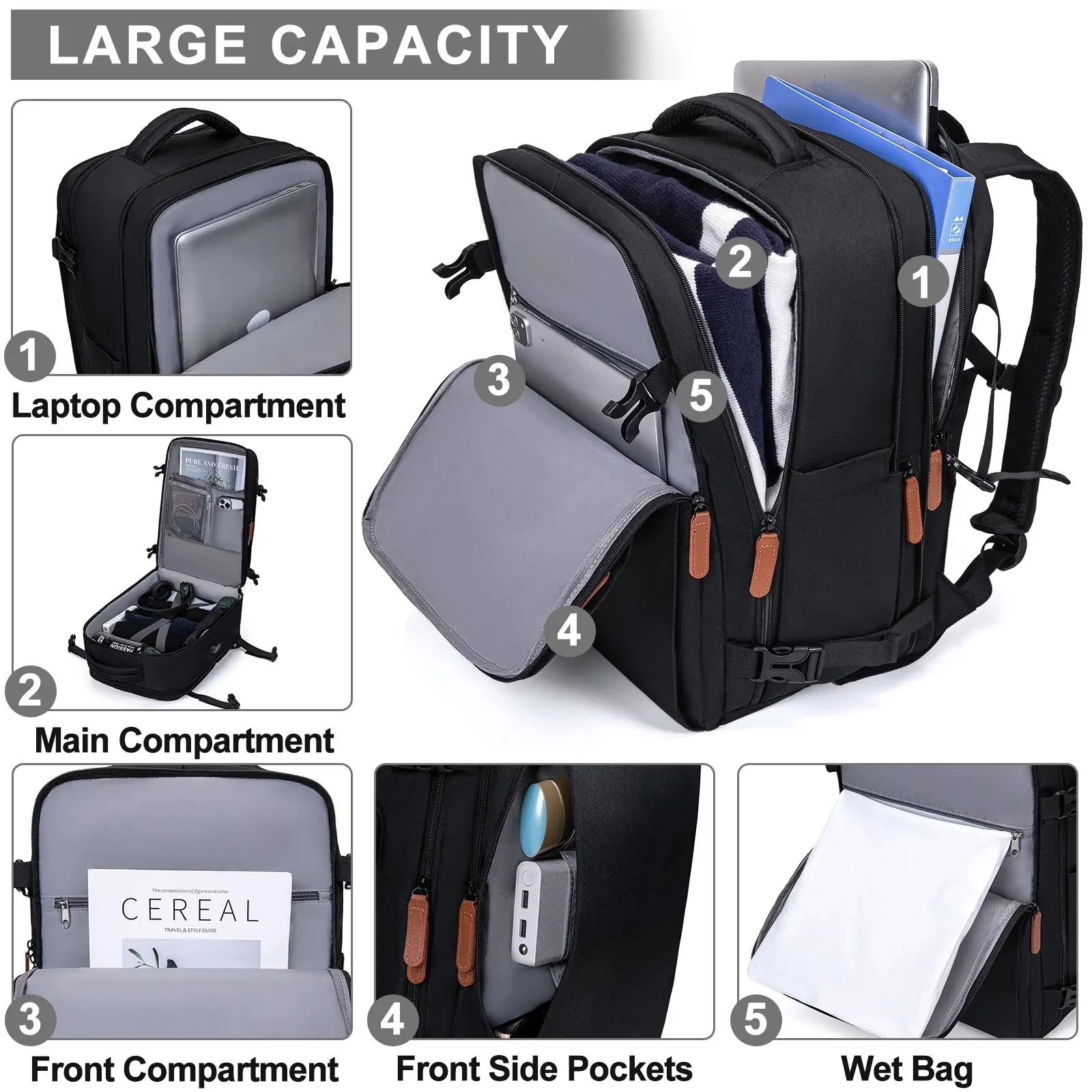 Travel Backpack for Women Men Extra Large Carry on Backpacks with Shoe Pouch Water Resistant Laptop Flight Approved Daypack for Weekender Hiking, Black