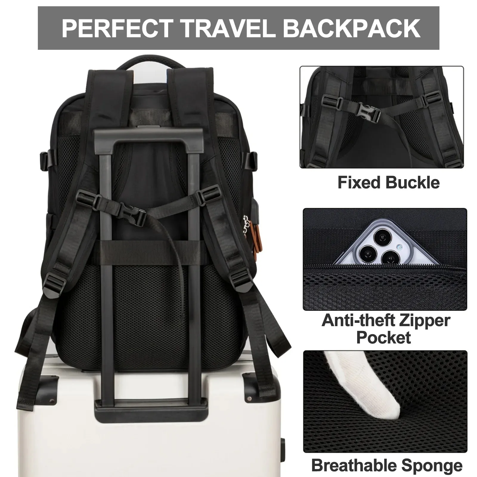 Travel Backpack for Women Men Extra Large Carry on Backpacks with Shoe Pouch Water Resistant Laptop Flight Approved Daypack for Weekender Hiking, Black